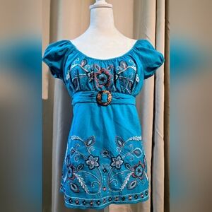 Embroidered Turquoise Blue Boho Top